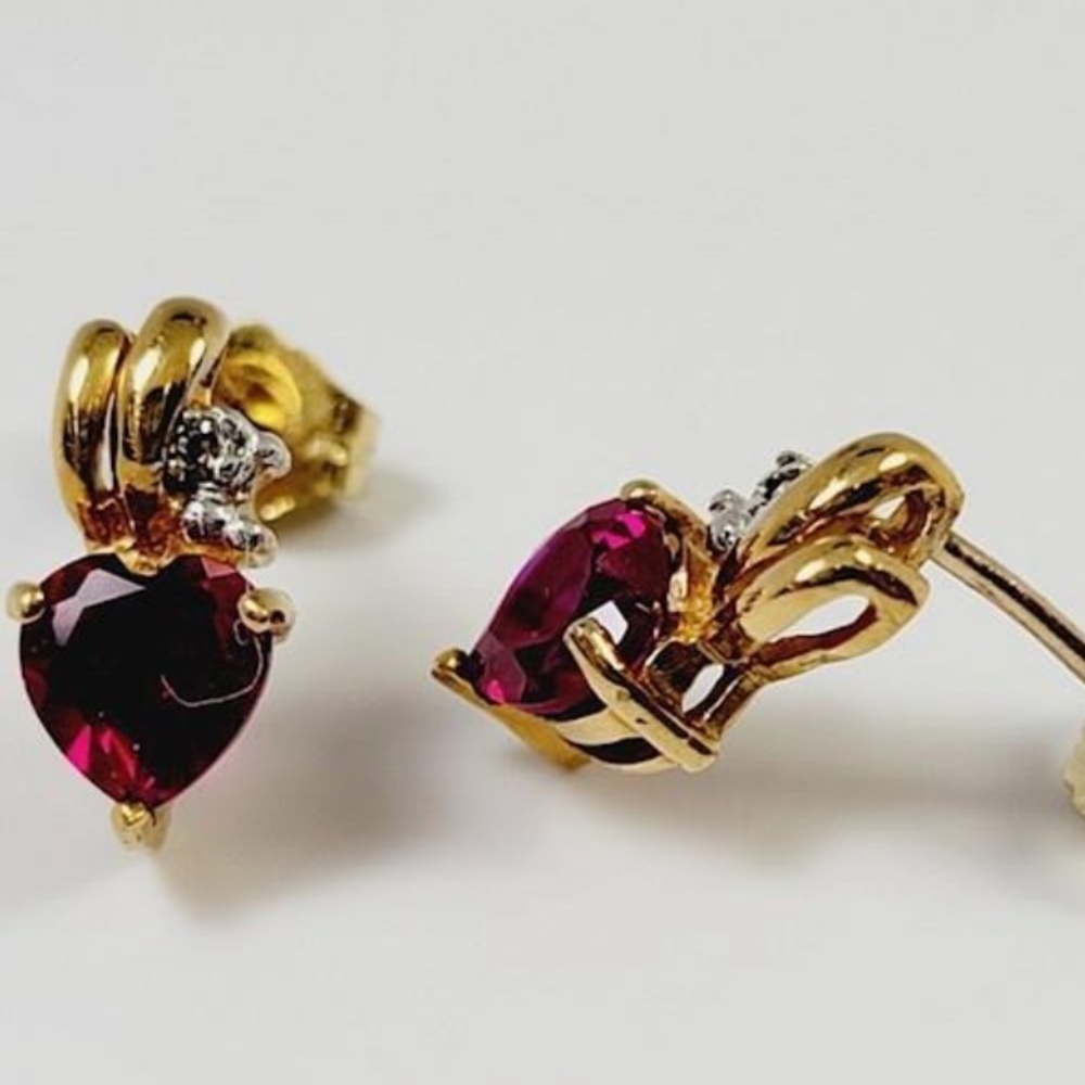 10k yellow gold, diamonds and pink sapphires jewelry set in heart box - Picture 8 of 16